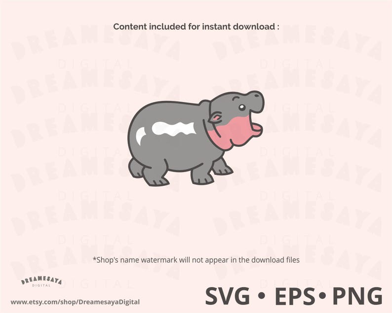 Baby Hippo SVG, Cute Cartoon Pygmy Hippopotamus Cut File and PNG Clip