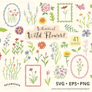 Op de afbeelding: Een verzameling grillige wilde bloemontwerpen in verschillende kleuren, waaronder roze, blauw, geel en paars. De afbeelding bevat bloemenillustraties, frames en een vlinder, met de tekst "Whimsical Wild Flowers" en "41 Designs".