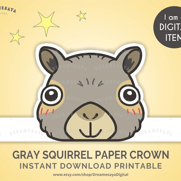 Printable gray squirrel paper crown download, DIY woodland theme party favor