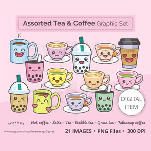 May include: A set of 21 digital illustrations of cute cartoon tea and coffee cups, including hot coffee, latte, tea, bubble tea, green tea, and takeaway coffee. The illustrations are in PNG format and are 300 DPI.