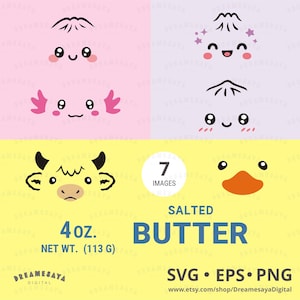 Puede incluir: Un conjunto gráfico digital con siete caras de dibujos animados, incluyendo un ajolote, una vaca y un pato. El texto dice 7 IMAGES, SALTED BUTTER, 4 oz. NET WT. (113 G), SVG EPS PNG y DREAMESAYA DIGITAL sobre un fondo rosa, morado y amarillo.