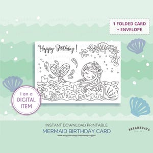 Mermaid Birthday JPG printable cute coloring page greeting cards download