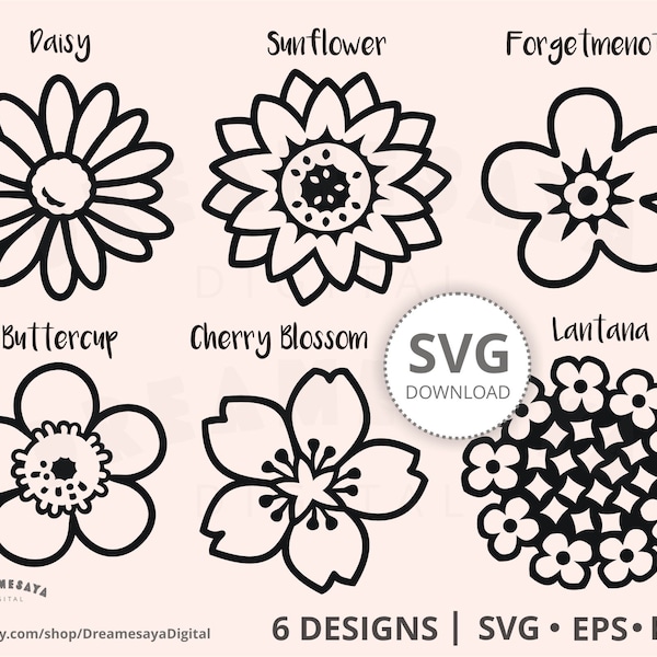 SVG flower design, Cute floral vector in black outlines cutting files and digital stamps clip art