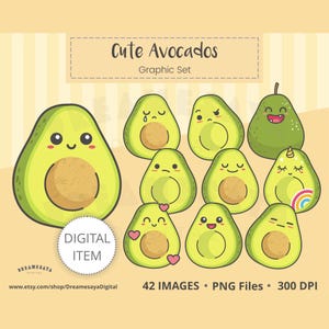 Kawaii awokado PNG clipart zestaw uroczych obrazków nastrojowych z kreskówkowym jedzeniem do użytku komercyjnego
