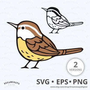 May include: A digital graphic illustration featuring two versions of a small bird. One version is rendered in brown, white, and yellow, while the other is a black and white line drawing. The text 2 VERSIONS, SVG, EPS, PNG is visible.