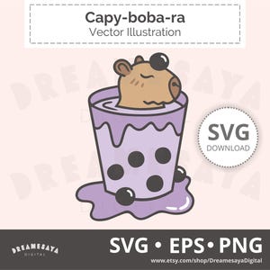 Capybara SVG EPS PNG digital files, Quirky pun illustration of a cute animal in a boba milk tea cup