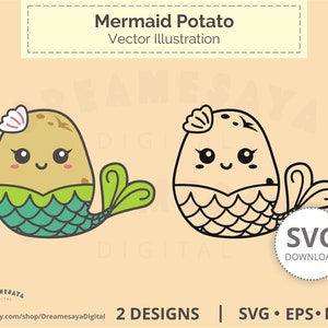 Patata sirena SVG, lindos dibujos animados divertidos, archivos de corte y clip art para uso comercial