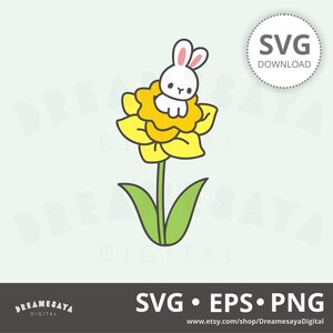 May include: A white bunny with pink ears sits on a yellow daffodil flower. The flower has a green stem and leaves. The image is a digital download of an SVG file.