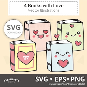 Buchliebhaber SVG Schneidedateien und Clipart Set von niedlichen Cartoon Bücher mit Liebe Herz Design