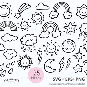 Himmelsobjekte SVG Umriss Bundle Regenbogen Sonne Mond Sterne Wolke Gekritzelschnitt Dateien Design