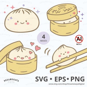 May include: A digital illustration set featuring four cute bao buns with smiling faces and pink cheeks. The graphics include buns in bamboo steamers, one bun with hearts, and one held by chopsticks. Text includes 4 IMAGES, NO A.I., SVG, EPS, PNG.