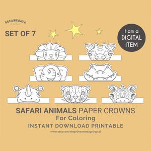 Safari paper crown JPG bundle di leone, giraffa, elefante, coccodrillo, rinoceronte, ghepardo, zebra, pagine da colorare di animali stampabili