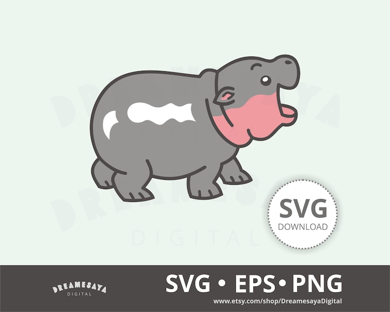 Baby Hippo SVG, Cute Cartoon Pygmy Hippopotamus Cut File and PNG Clip