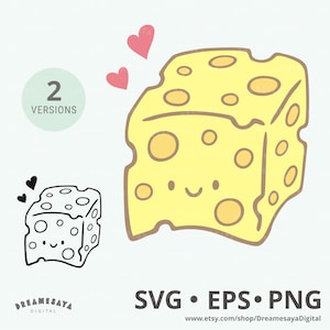 May include: A digital graphic featuring a yellow block of Swiss cheese with a smiling face and two pink hearts above it, alongside a black and white line art version, with the text 2 VERSIONS, SVG, EPS, PNG, and DREAMESAYA DIGITAL.