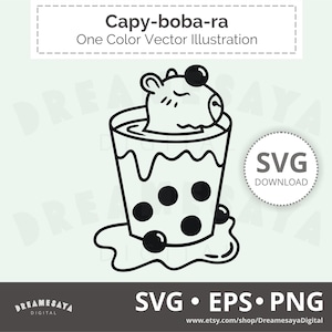 Capybara boba SVG outline whimsy cute animal in bubble tea htv cut file and laser engraving design