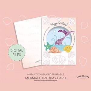 Carte d'anniversaire sirène JPG voeux fantaisiste avec fichiers de téléchargement d'enveloppe