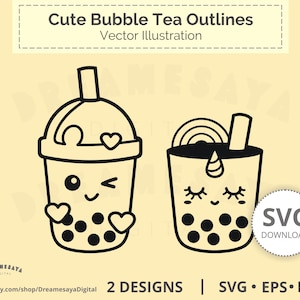 Boba tea svg single layered cut files, Cute bubble milk tea outlines vector design for commercial use image 1