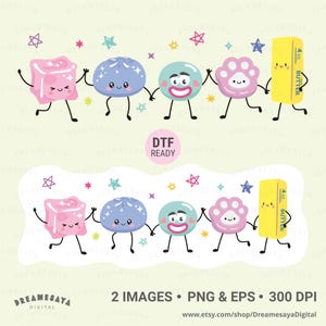 以下が含まれることがあります： 手をつないだ5つの可愛い擬人化キャラクターのデジタルイラスト：ピンクの立方体、青い餃子、ティール色の円、ピンクの肉球、そして「4 oz BUTTER」と書かれた黄色いバターのスティック。周りには小さなカラフルな星が描かれています。