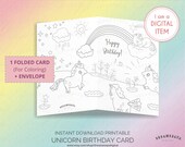 Unicorn birthday JPG card printable kids magical greeting and coloring page digital download