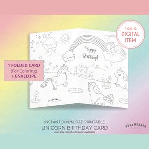 Carte JPG d'anniversaire de licorne, voeux imprimables et page à colorier à télécharger