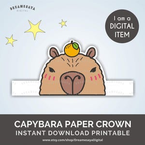 Capybara paper crown download, Printable cute animal face party hat JPG PDF file