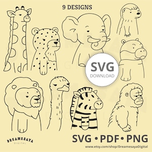 Animales de safari SVG contorno caprichoso medio cuerpo cara de póquer animal africano doodle archivos de corte htv y diseño de grabado láser