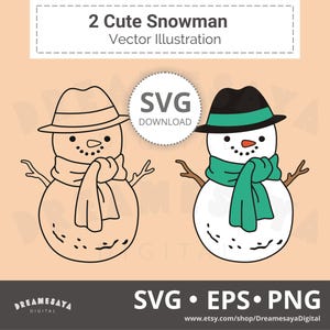 雪だるまSVGレイヤーカットファイル、帽子とスカーフをつけたかわいい雪だるまの冬の休日クリップアートデザイン