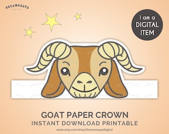 Goat party crown download JPG file, Farm animal printable paper headband, Children party favor