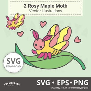 Polilla de arce rosada SVG, insecto alado caprichoso sobre una hoja con corazones de amor, bonitas imágenes prediseñadas y archivos de corte en capas