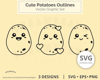 Potato outlines svg cutting files, Kawaii potatoes line art vector clipart digital download