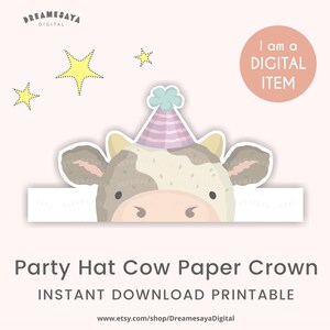 Party hat cow printable PDF JPG cute farm animal paper crown craft for kids birthday