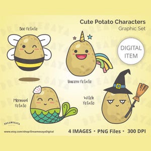 May include: Four digital illustrations of cute potato characters. The characters are a bee, a unicorn, a mermaid, and a witch. Each character has a different expression and is wearing a costume. The text "Cute Potato Characters Graphic Set" is at the top of the image. The text "Digital Item" is in a box at the top right of the image. The text "4 Images PNG Files 300 DPI" is at the bottom of the image.