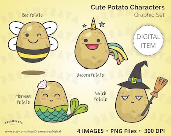 Whimsical potatoes PNG clipart set of bee, unicorn, mermaid, and witch  commercial use images