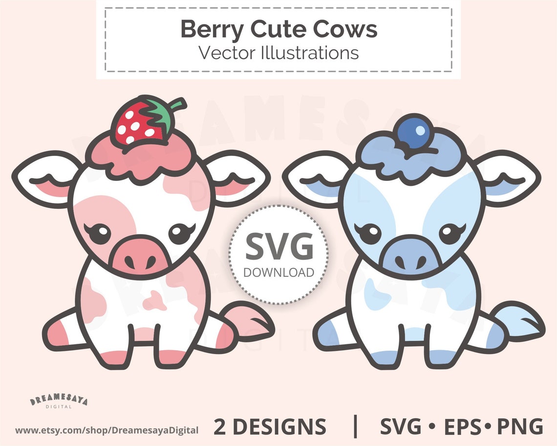 Cute Cow SVG EPS PNG Kawaii Little Strawberry and Blueberry Etsy India
