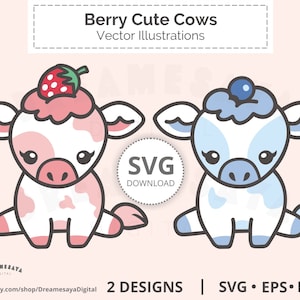 Cute cow SVG EPS PNG, Kawaii little strawberry and blueberry cattle babies illustrations