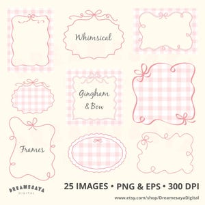 Gingham frame clipart PNG set of whimsical pink wavy ribbon border with bow EPS vector design