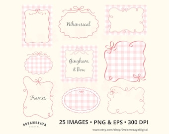 Gingham frame clipart PNG set of whimsical pink wavy ribbon border with bow EPS vector design