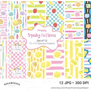 May include: A set of 12 seamless digital patterns featuring colorful illustrations of squishy food items like strawberries, bananas, pizza, and butter on striped, checkered, and solid backgrounds. The central text reads Preppy Squishy Patterns Set of 12 12" x 12" Seamless Patterns.
