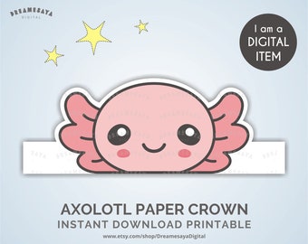 Axolotl party supply download DIY, Printable kawaii cute animal face paper crown JPG PDF file