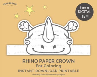 Rhino coloring JPG printable African animal Rhinoceros safari paper crown kids craft file download