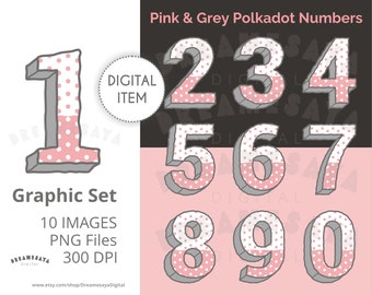 Pink polkadot number clipart, Hand drawn block numbers clip art, Cute girly decorative images for commercial use