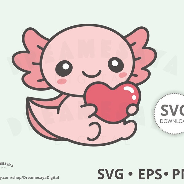 Kawaii axolotl SVG EPS PNG, Adorable salamandra rosa de dibujos animados sosteniendo ilustración del corazón y archivo cortado