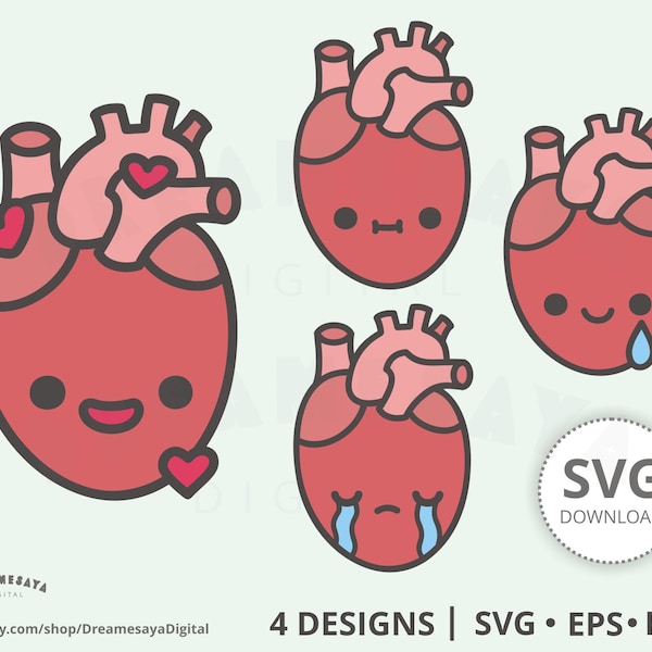 Anatomical heart SVG EPS PNG, Kawaii cute cartoon human body organ with faces cut files and clip art