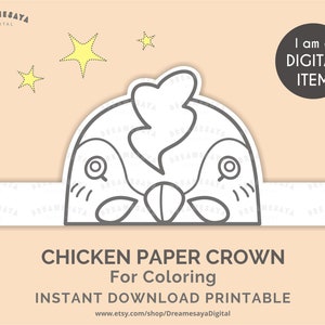 Chicken coloring paper crown, Black and white hen party hat printable JPG, Farm animals head template