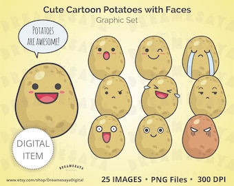 Kawaii potato clip art, Cute potatoes emoticon, Cartoon food with faces, Fun graphic set, Mood illustration images, Commercial use