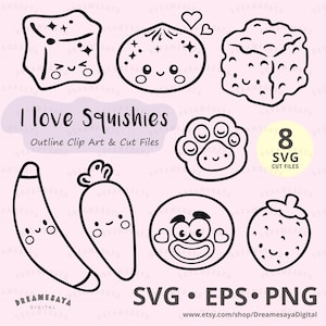 Può includere: Una collezione digitale di illustrazioni in bianco e nero con otto personaggi in stile kawaii, tra cui un cubo, un panino rotondo, un'impronta, una banana, una carota, una faccia e una fragola, con il testo I love Squishies Outline Clip Art & Cut Files.