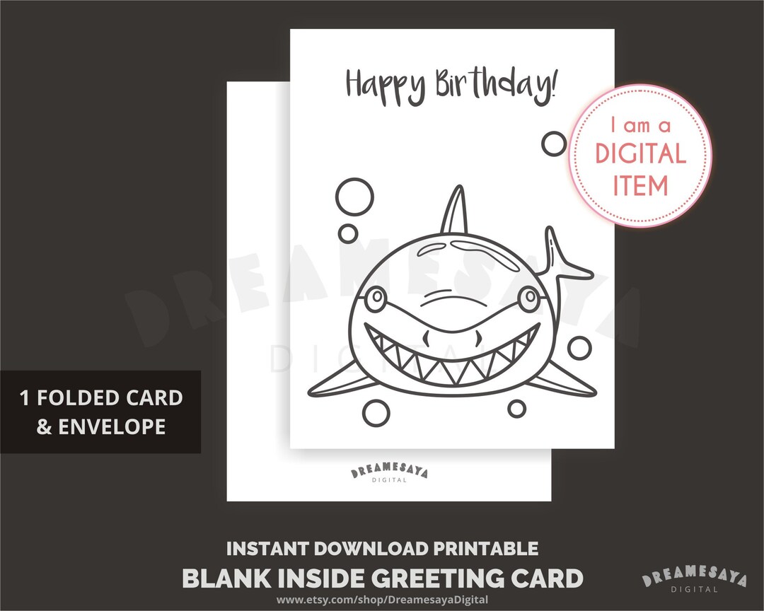 Shark Coloring Birthday Card, Printable Kids Bday Card Illustrated With ...