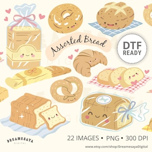 May include: An assortment of illustrated baked goods, including bread loaves, bagels, pretzels, and croissants, with cute smiling faces and hearts. The words "Assorted Bread" and "DTF READY" are also visible.