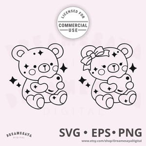 Contorno de oso de peluche SVG, ositos bebés con corazones de amor, archivo de corte HTV y diseño de grabado láser