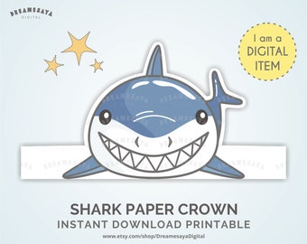 Shark paper crown printable, Downloadable shark paper hat JPG PDF, Simple kids craft activity, Ocean animal headpiece DIY